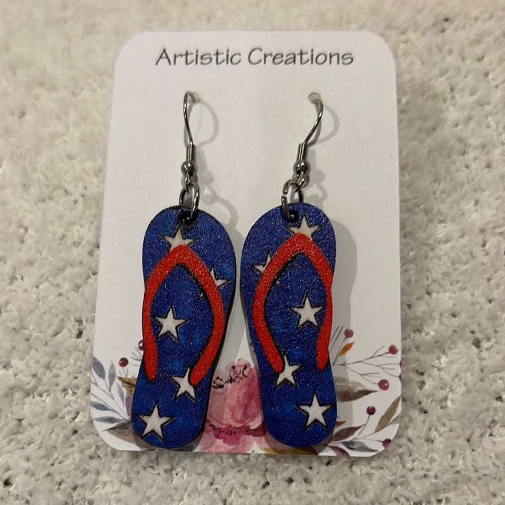 Red White & Blue Americana Summer Star Flip Flop Fashion Earrings NWT 2.5”